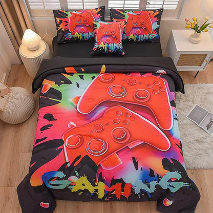 Aimuan Gamer Gaming Bedding Sets 3D Gamepad Comforter Sets for Boys Games Console Action Buttons Novelty Colorful Game Controller Modern Room Decor Home Quilt Set (Black, Twin 6PCS)