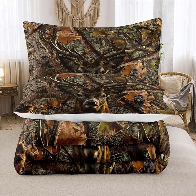 NINENINE Deer Bedding Sets Full Size for Boys Adult Teens Western Woodland Camo Comforter Moose Wildlife Forest Bedding,Bear Animals Hunting Bed Sets with 1 Comforter 2 Pillowcases