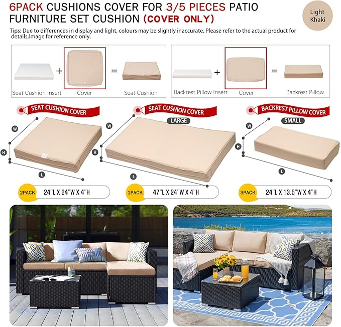 ClawsCover 6Pack Outdoor Seat and Back Cushions Replacement Covers Fit for 3 Pieces 3-Seater Wicker Rattan Patio Furniture Conversation Set Sectional Couch Chair,Light Khaki-Include Cover Only
