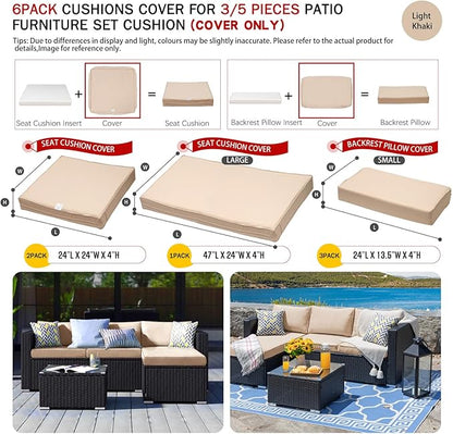 ClawsCover 6Pack Outdoor Seat and Back Cushions Replacement Covers Fit for 3 Pieces 3-Seater Wicker Rattan Patio Furniture Conversation Set Sectional Couch Chair,Light Khaki-Include Cover Only