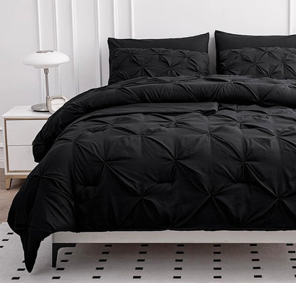 LANE LINEN Queen Comforter Set, 7 Piece Queen Bed Set, Soft Bedding Queen Size, Pintuck Queen Bed in a Bag Set, Black Comforter Queen, Queen Bed Comforter Set with Sheets, Pillowcases & Shams - Black