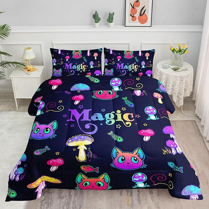 Datura home Mushroom Cat Kids Comforter Bedding Set for Boys Girls, Cartoon Mixed Color Mushroom and Cute Cat Fishbone Pattern Comforter with 2 Pillowcases(Mushroom Cat Twin)