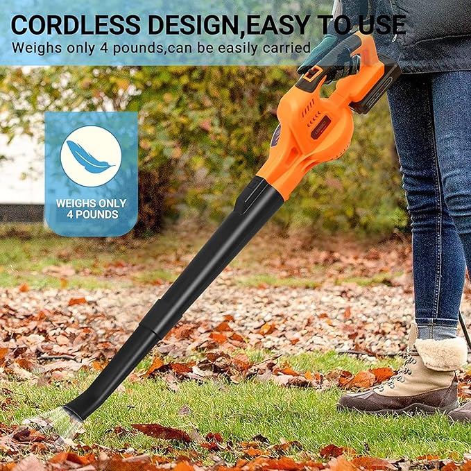 20V Cordless Leaf Blower with Battery and Charger, Leaf Blower Battery Operated, Rechargeable Electric Handheld Leaf Blower Variable Speed with 2 Tubes for Patio, Leaves Blowing-Orange