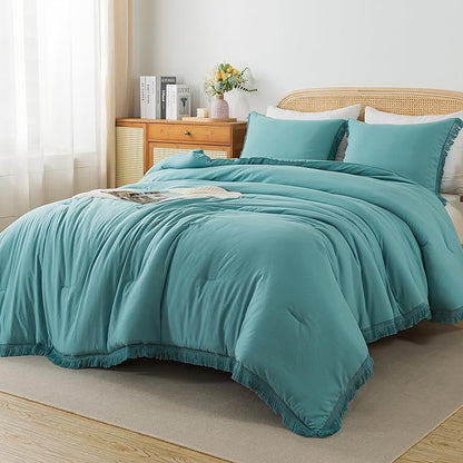 Andency Aqua Tassel Comforter Set Full(79x90Inch), 3 Pieces(1 boho Comforter, 2 Pillowcases) Farmhouse Shabby Chic Comforter Set, Soft Microfiber Lightweight Fringe Bedding Comforter Set
