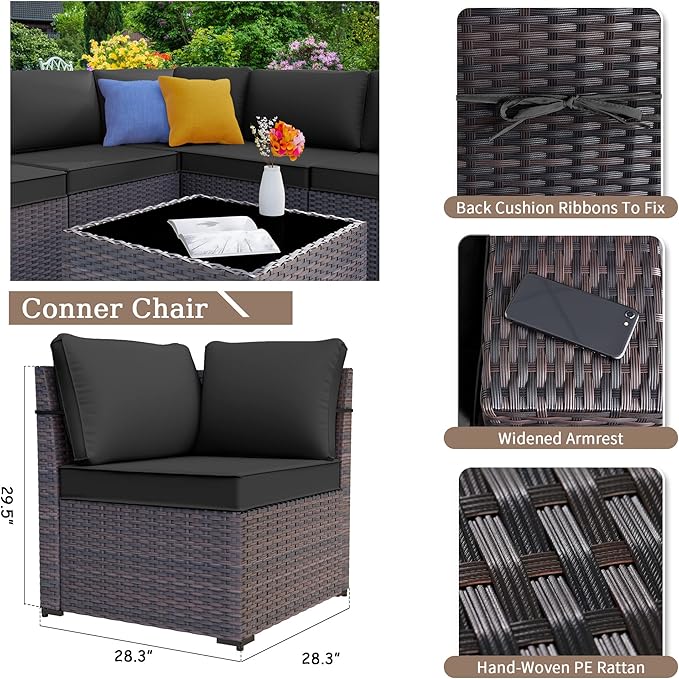 12PCS Patio Furniture Set Sofa Wicker Sectional Sofa Set, Outdoor Furniture Rattan Patio Conversation Set with Cushions and Glass Coffee Table, Black