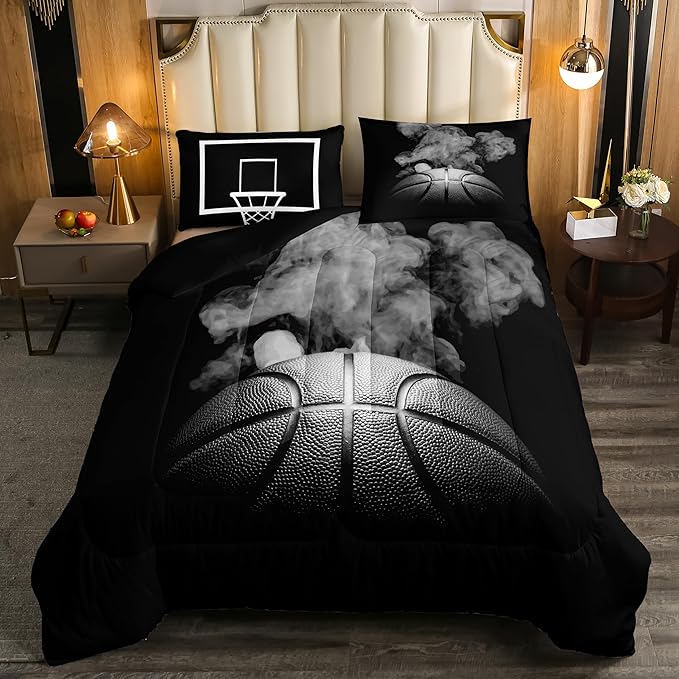 Erosebridal Basketball Comforter Set for Boys Teen Queen Size Sports Basketball Bedding Set Basketball Room Decor Reversible Black Down Comforter Grey Hippie Smoke Quilt Duvet Insert 2 Pillow Case
