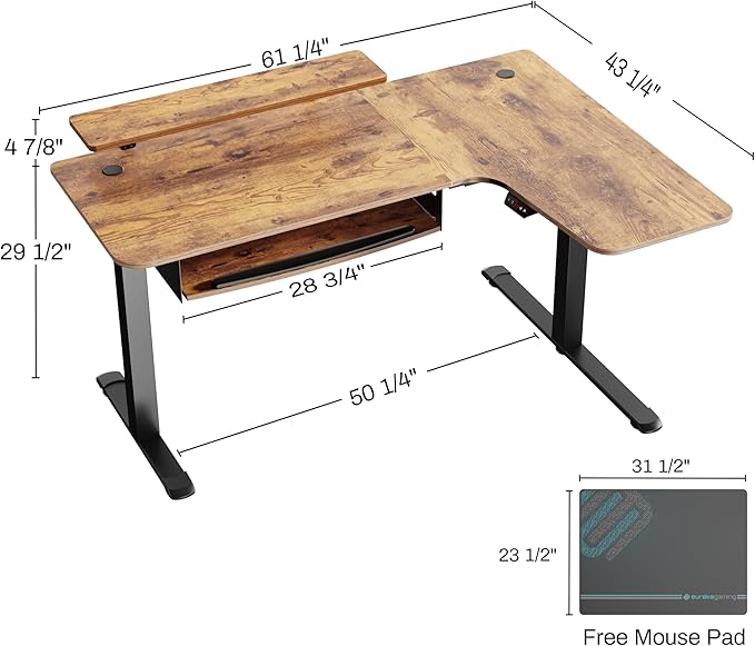 EUREKA ERGONOMIC Standing Desk with Keyboard Tray, Computer Desk, 61" L Shaped Electric Adjustable Height Desk w Monitor Stand LED, Corner Sit Stand Desk Gaming Desk, Dual Motor,Right/Rustic Brown