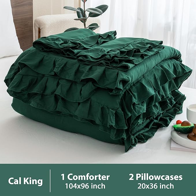 Andency California King Comforter Set Dark Green (104x96Inch), 3 Pieces Cal King Ruffle Comforter, Oversized Farmhouse Shabby Chic Bed Comforter, Lighteweight and Soft Microfiber Bedding Set