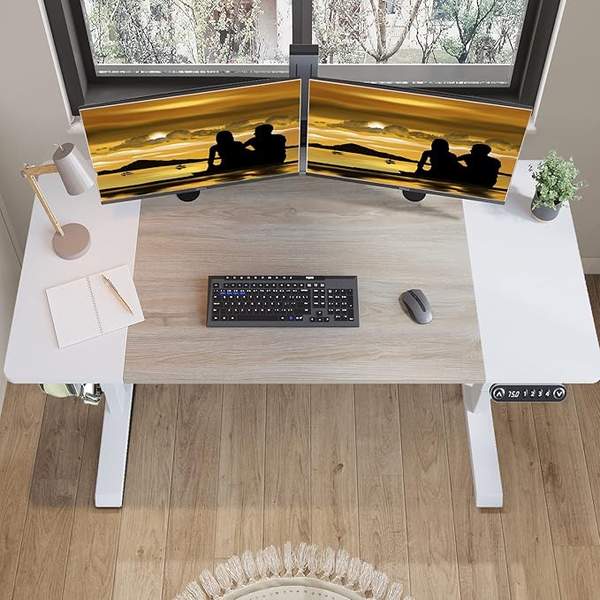 Adjustable Height Electric Standing Desk - 63 x 30 Inch Sit Stand Computer Desk with Splice Board, Stand Up Desk Table for Home Office, White Frame/White and Oak Top