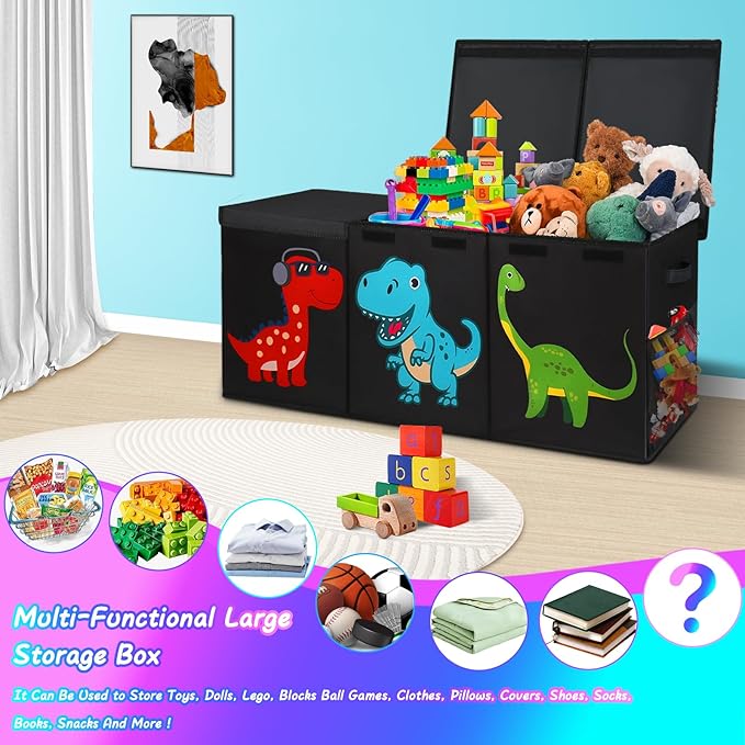 Extra Large Toy Box, Collapsible Sturdy Toy Storage Organizer with Lids, Dinosaur Toy Box for Boys Girls, 41"x14"x16" Kids Toy Chest Bin Box Baskets for Living Room, Playroom, Bedroom, Nursery, Black