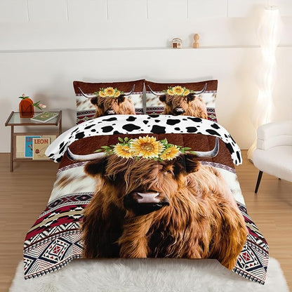 HOSIMA Highland Cow Decor Comforter with 2 Pillowcases,Animal Theme Western Bedding Sets Queen,Brown Cowhide Black White Cow Print Comforter Set for Adults Kids,Sunflower Comforter.