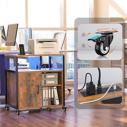 LED Rolling Wheels Filing Cabinet with Lock, File Cabinets with Charging Station, Printer Stand with Storage for Office Home, A4 Letter Size File Folders