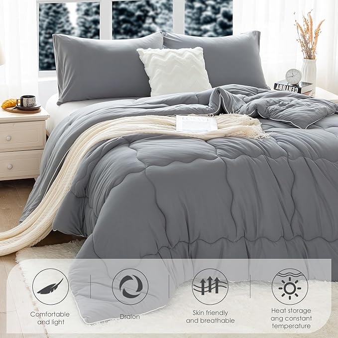 COTTEBED Warm Softness Twin Comforters Sets for Girls Kids College Dorm, Thick Breathable Fluffy Cozy Comfy Bed Down Comforter & Pillowsham Winter, Twin/Twin XL Dark Gray