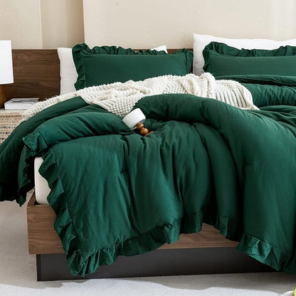 Andency Dark Emerald Green Comforter Set King, 3 Pieces Lightweight Ruffle Bedding Comforter Sets, Farmhouse Ruffle Bed Comforter Set, Lightweight and Soft Bedding Comforter for All Seasons
