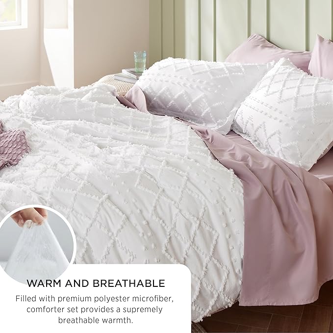 Bedsure Queen Comforter Set - Grayish Blue Comforter, Boho Tufted Shabby Chic Bedding Comforter Set, 3 Pieces Vintage Farmhouse Bed Set for All Seasons, Fluffy Soft Bedding Set with 2 Pillow Shams