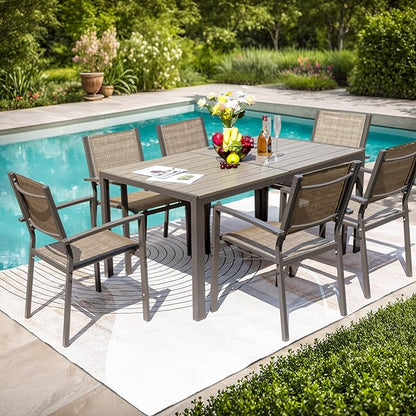 JUMMICO Outdoor Dining Set 7 Piece Patio Furniture Set with Weather Resistant Table and 6 Textilene Chairs for Yard, Deck and Poolside (Brown)