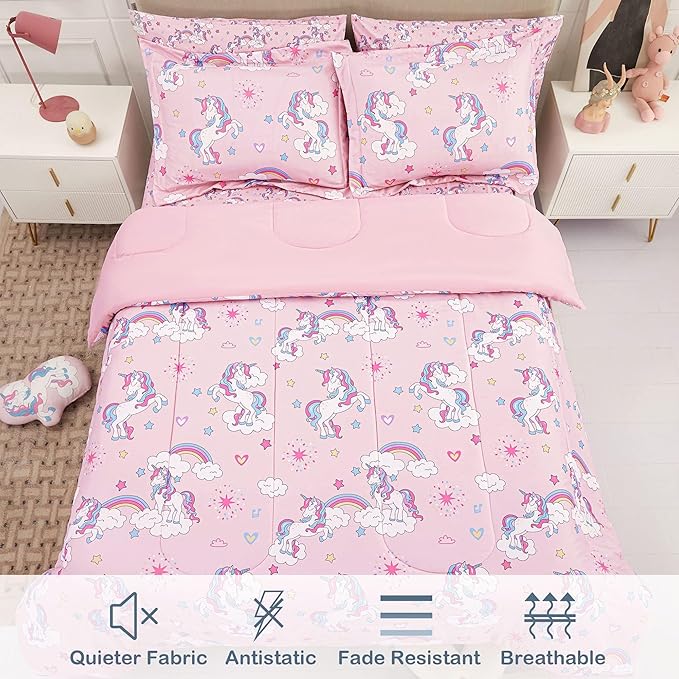 Mooreeke Kids Comforter Bed Set Full Size for s Girls, 8 Pieces Bed in a Bag with Shams, Sheet Set, Pink Unicorn Full Soft Microfiber Kids Comforter Bedding Set