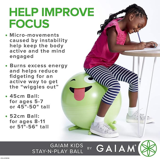 Gaiam Kids Stay-N-Play Children's Balance Ball, Flexible School Chair Active Classroom Desk Alternative Seating, Built-In Stay-Put Soft Stability Legs, Includes Air Pump, 45cm, Purple Miss Sunshine