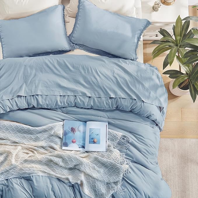 Andency Grayish Blue Comforter Set Queen Size, 3 Pieces Boho Tassel Lightweight Bedding Comforter Sets, All Season Soft Fluffy Fringe Bed Set (90x90In Comforter & 2 Pillowcases)