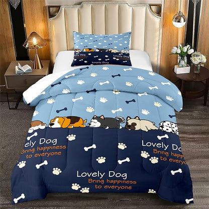 2Pcs Cartoon Dog Comforter Set Twin Comforter Set for Boys Lovely Puppy Patterns Bedding Set Fun Animal Lover Comforter Lovely Dog Paw Bones Quilt with 1 Pillowcase, Twin Size