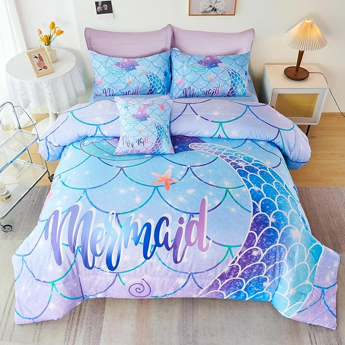 URBONUR 6 Piece Mermaid Tail Comforter Set Full Size, Mermaid Fish Scale Bedding Set for Girls Ombre Purple Blue Sparkle Comforter with Sheets Set Soft All Season Room Decor Bed Set