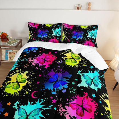 HOSIMA Colorful Butterfly Comforter Set for College Girls and Boys Full Size Bed in a Bag Set,3Pcs Bedding Set Colorful Ink Print Comforter with 2 Pillowcases,Star Moon Black Comforter.