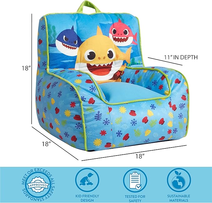 Idea Nuova Baby Shark Kids Mink Plush Bean Bag Chair with Piping & Top Carry Handle, Large