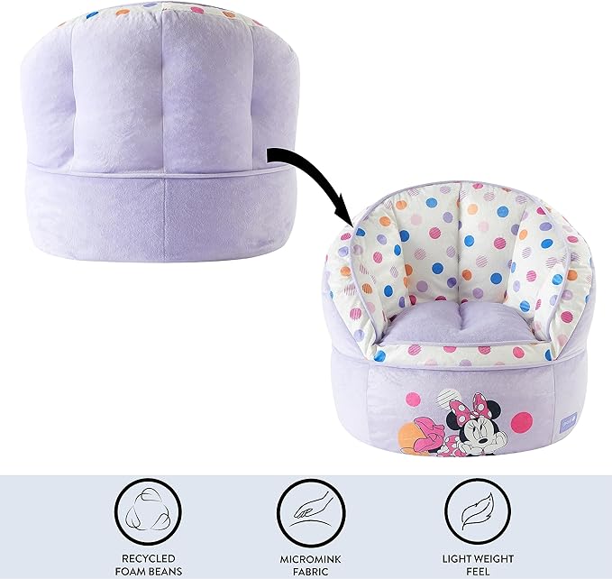 Idea Nuova Disney Minnie Mouse Purple with Polka Dots Round Bean Bag Chair for Kids, Ages 3+, Large