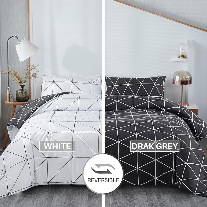 Black & White Comforter Bed in a Bag Queen for Kids Adults, 3Pcs Reversible Geometric Bedding Set with 2 Pillow Shams for All Seasons (Queen,90x90inches)