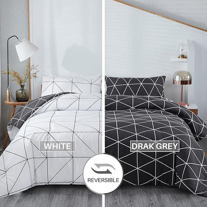 Black & White Comforter Bed in a Bag Queen for Kids Adults, 3Pcs Reversible Geometric Bedding Set with 2 Pillow Shams for All Seasons (Queen,90x90inches)