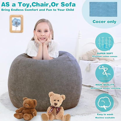 Stuffed Animal Storage Bean Bag Chair Cover (No Filler) for Kids .Soft Premium Corduroy Stuffable Beanbag for Organizing Children Plush Toys or Memory Foam Small 100L (Warm Grey)