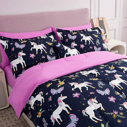 Mooreeke Kids Comforter Bed Set Full Size for s Girls, 8 Pieces Bed in a Bag with Shams, Sheet Set, Purple Pink Unicorn Full Soft Microfiber Kids Comforter Bedding Set