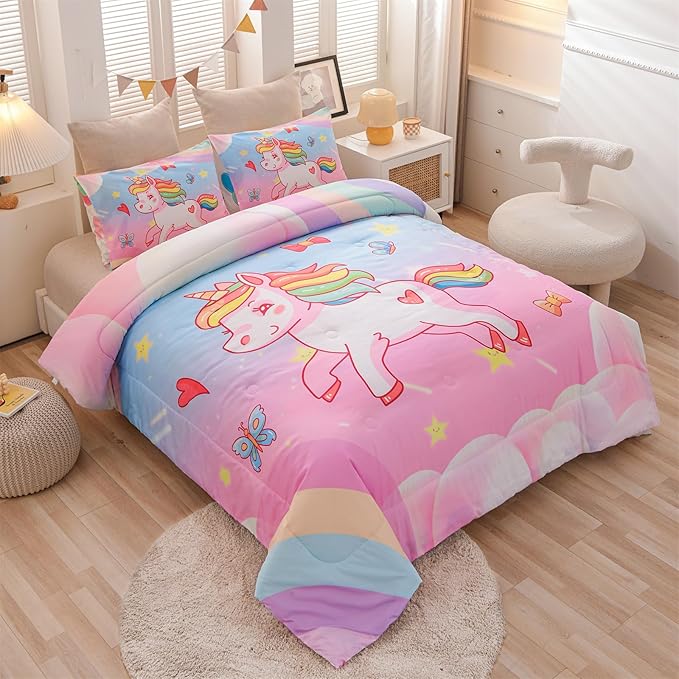 Aimuan Girls Unicorn Comforter Set 3 Pieces Pink Purple Bedding Set with Rainbow Star Galaxy Stars Fantasy Children Room Decor Soft Reversible Bed Sets for Boys/Girls/Teens (Pink Blue Twin3Pcs)