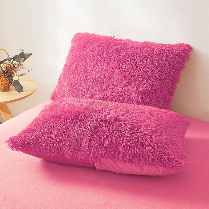 Fluffy hot pink comforters Cover twin size - Ultra Soft Plush hot pink bedding Sets 2 Pieces (1 faux fur comforter Cover + 1 fuzzy pillow case) girls shaggy hot pink twin bed set (Hot Pink, Twin)