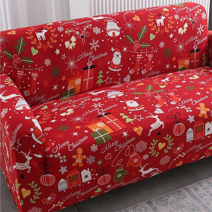 Mybedsoul Christmas Printed Sofa Cover Santa Claus Elastic Couch Cover Machine Washable Christmas Theme Red Sofa Slipcover for Living Room(3 Seater)