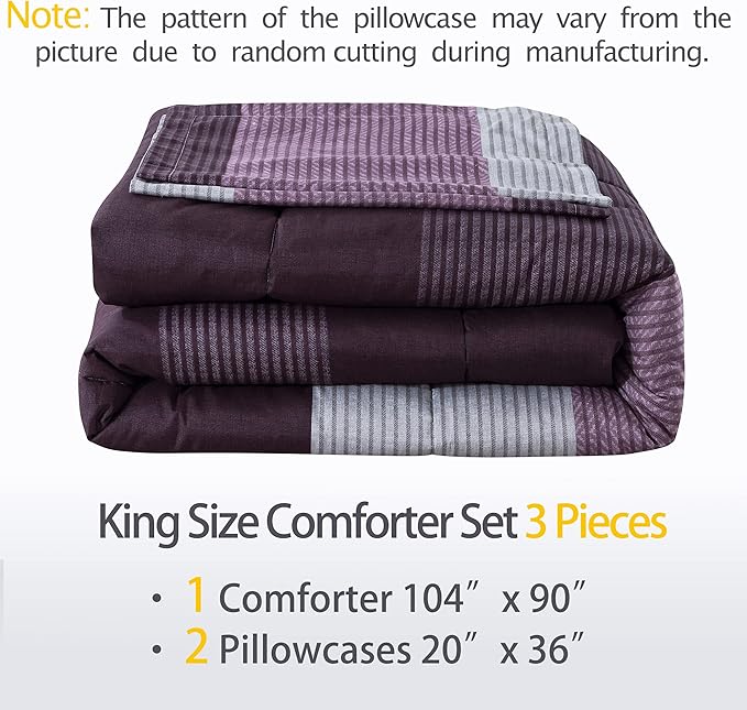 Andency Stripe Comforter Set King Size (104x90 Inch), 3 Pieces Purple and Gray Patchwork Striped Comforter, Soft Microfiber Down Alternative Comforter Bedding Set with Corner Loops