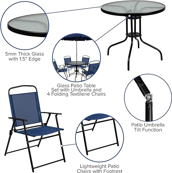Flash Furniture Nantucket 6-Piece Patio Dining Set with Glass Table, 4 Folding Chairs, and Umbrella, Outdoor Patio Table, Chairs, Umbrella Set, Navy