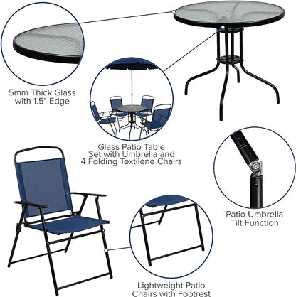 Flash Furniture Nantucket 6-Piece Patio Dining Set with Glass Table, 4 Folding Chairs, and Umbrella, Outdoor Patio Table, Chairs, Umbrella Set, Navy