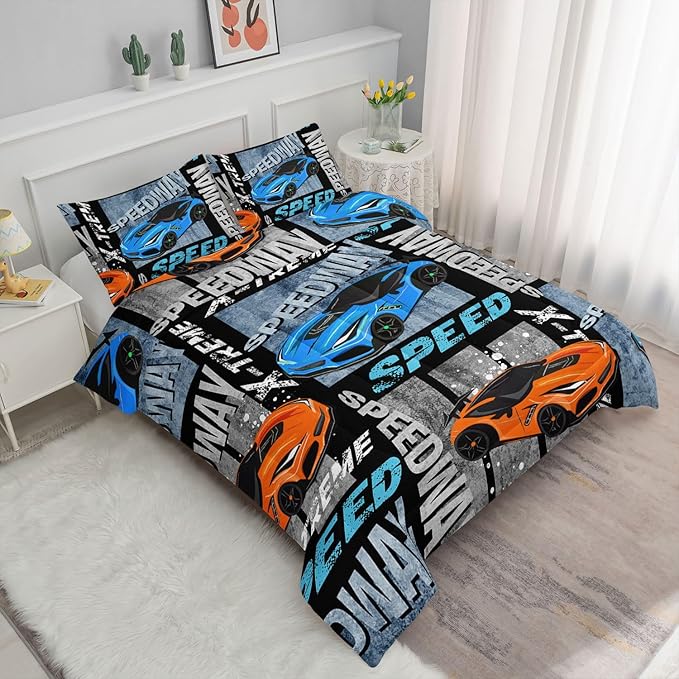 Datura home Sports Car Comforter Set Vintage Racing Car Printed Quilt Bedding Set with 1 Comforter and 2 Pillowcases for Boys and Girls Bedroom All Season(Sports Car Twin)