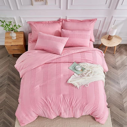 ENJOHOS Girls Queen Comforter Bedding Set Pink, 3 PCS Boho Comforter with Tufted Dots, Shabby Chic Bedding Comforter for All Season, Lightweight Fluffy Microfiber Comforter with 2 Pillowcases