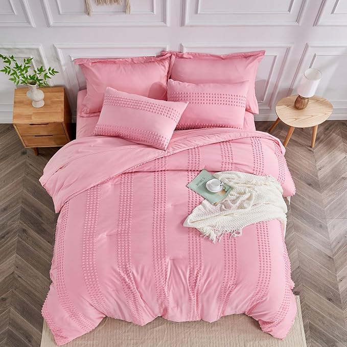 ENJOHOS Girls Full Size Comforter Bedding Sets Pink, 3 PCS Boho Comforter with Tufted Dots, Shabby Chic Bedding Comforter for All Season, Lightweight Fluffy Microfiber Comforter with 2 Pillowcases