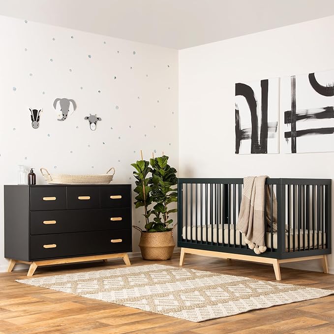 dadada Baby Soho 3-in-1 Convertible Crib to Toddler Bed – Wooden Crib Made in Italy, GREENGUARD Gold Certified Small Baby Crib – Baby-Safe Finish, Modern Design (Black/Natural)