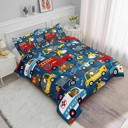 Datura home Kids Cartoon Car Comforter Set for Boys Children,Transportation Car Police Car Kawaii Animals Printed Bedding with 1 and 2 Pillowcases(Cartoon Car Queen), Queen 90x90inches