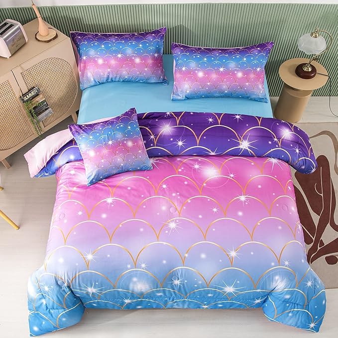 PERFEMET Pink Mermaid Comforter Set Full Size 6 Pieces Bed in A Bag Colorful Rainbow Bedding Set for Teens Girls 3D Sparkly Glitter Ombre Bed Set with Comforter and Sheets (Pink Mermaid, Full)