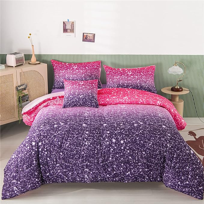 RYNGHIPY 6Pcs Twin Gradient Pink Purple Glitter Comforter Sets for Teens Girls Kids, Colorful Rainbow Glitter Themed Bedding Set