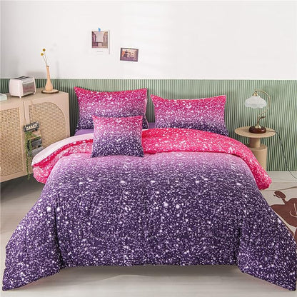 RYNGHIPY 6Pcs Queen Gradient Pink Purple Glitter Comforter Sets for Teens Girls Kids, Colorful Rainbow Glitter Themed Bedding Set