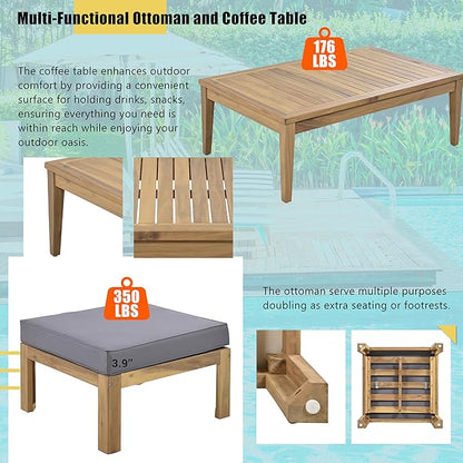 Merax 6 Pieces Sectional Sofa Solid Acacia Wood Frame Outdoor Conversation Furniture Sets with Coffee Table and Removable Cushion for Garden Backyard Patio and Poolside, Grey
