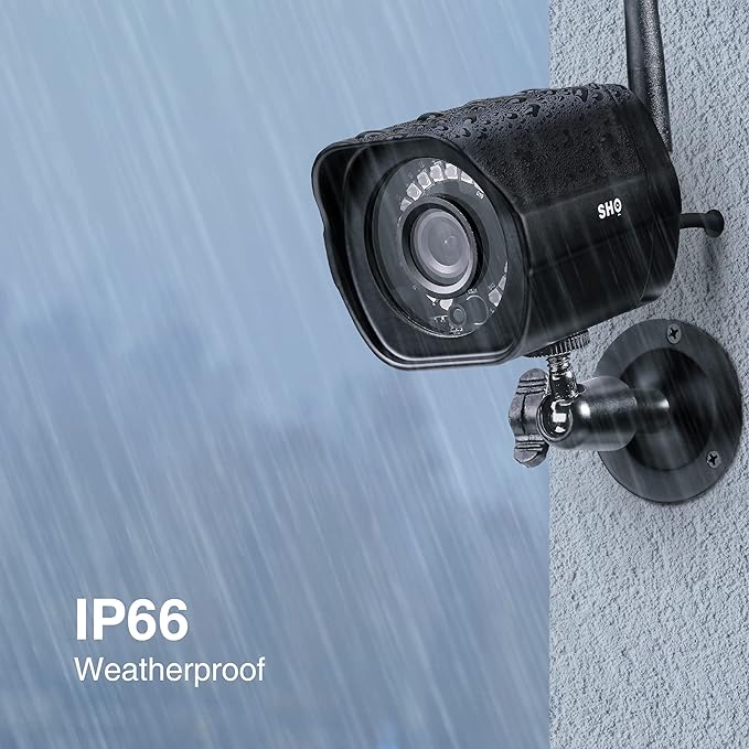 SHO Outdoor Plug-in Smart Security WiFi Camera, 1080P HD Video, IP66 Weatherproof, Motion Detection, Night Vision, Cloud Service, Compatible with Alexa and Google Home, 2 Pack