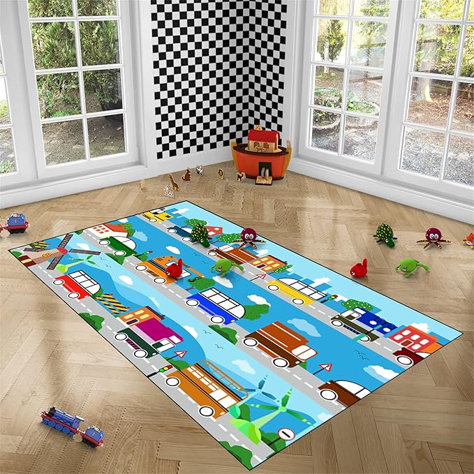 Car Carpet for Kids Kids Rugs for Playroom Car Track Rug Road Rug for Kids Car Play Rug Road Carpet for Toy Cars Car Track Rugs for Boys Car Rug for Boys Room 4'5''×6'