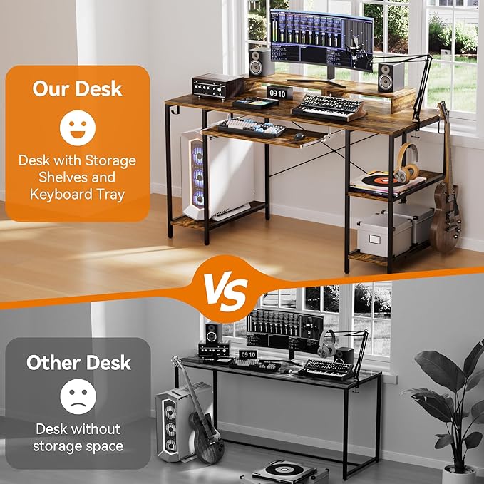 Computer Desk with Keyboard Tray, 55 Inch Music Studio Desk Music Production Desk with Storage Shelves Monitor Stands and 4 Iron Hooks, Desk Workstation Gaming Table for Home Office